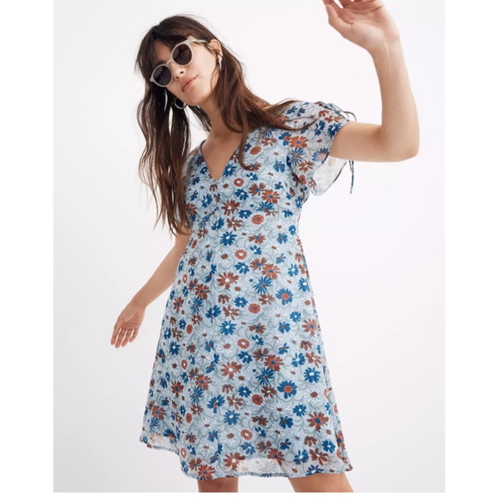Madewell Blue Wildflower Mini Dress Floral Tie Sleeve Smocked Back Size 6